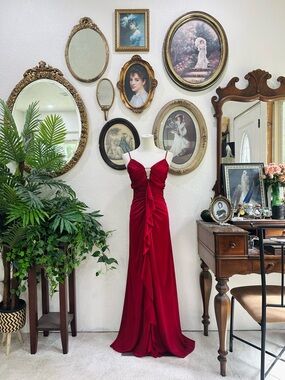 Masquerade Red Ruched Long Sleeve Evening Gown
